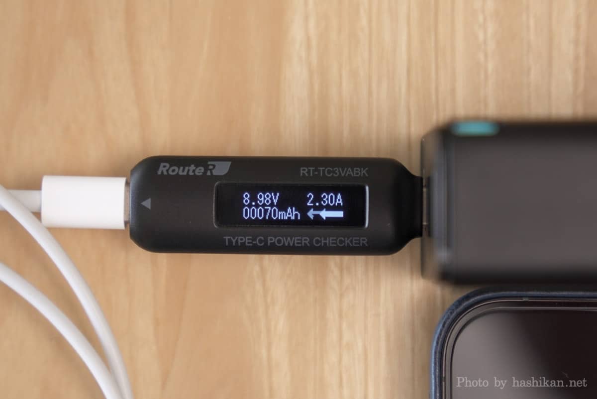 Baseus GaN2 Fast Charger でiPhone 12 Pro Maxに充電したときの出力を計測している様子の画像